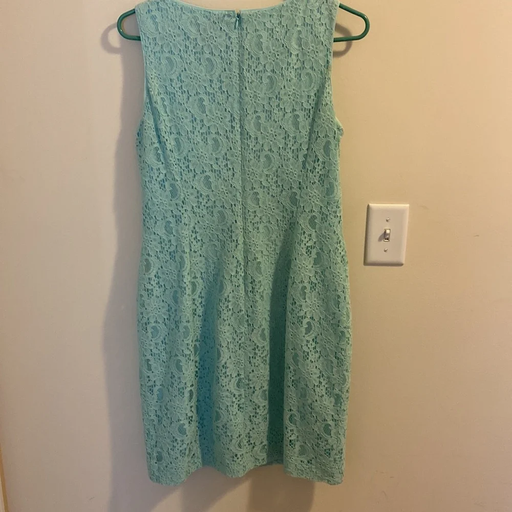 Lauren Ralph Lauren blue-green lace overlay sheath dress size 10 GUC - Picture 3 of 5